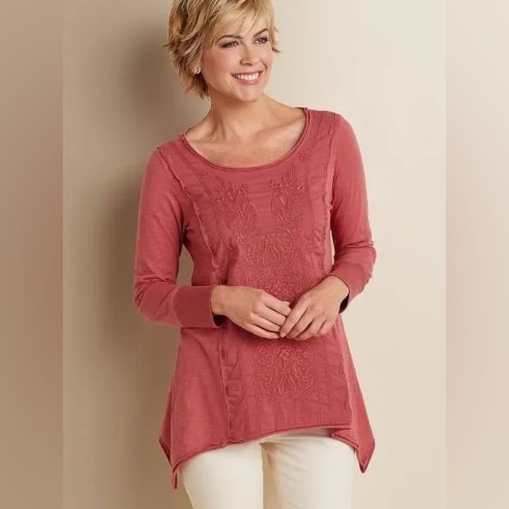 Soft Surroundings Small Natalia Tunic Red Embroidered Asymmetrical Hem #2AB14